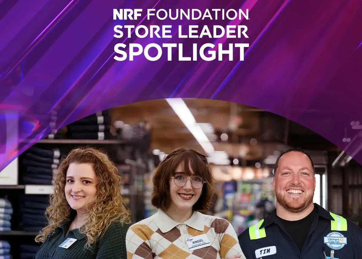 Under a graphic of shimmering purple and red glass in the shape of an arc, three representatives of a worker in the retail industry pose in a composite photo. It highlights a clothes retailer, a grocery manager, and a logistics worker.