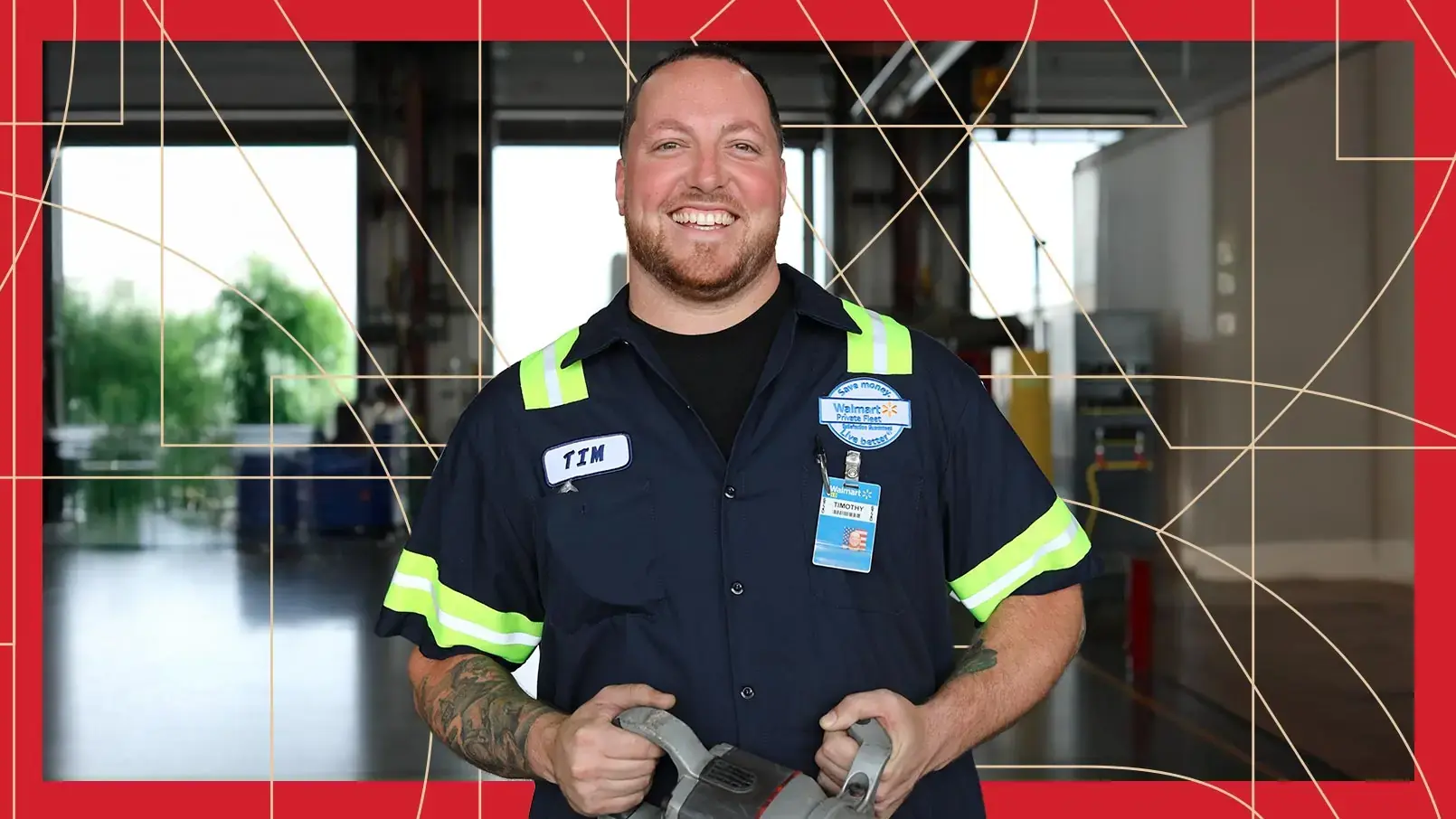Walmart Trailer Technician III Tim Caron poses while smiling and holding auto parts. The photo has a red border and thin, gold, and geometric lines running through the background.