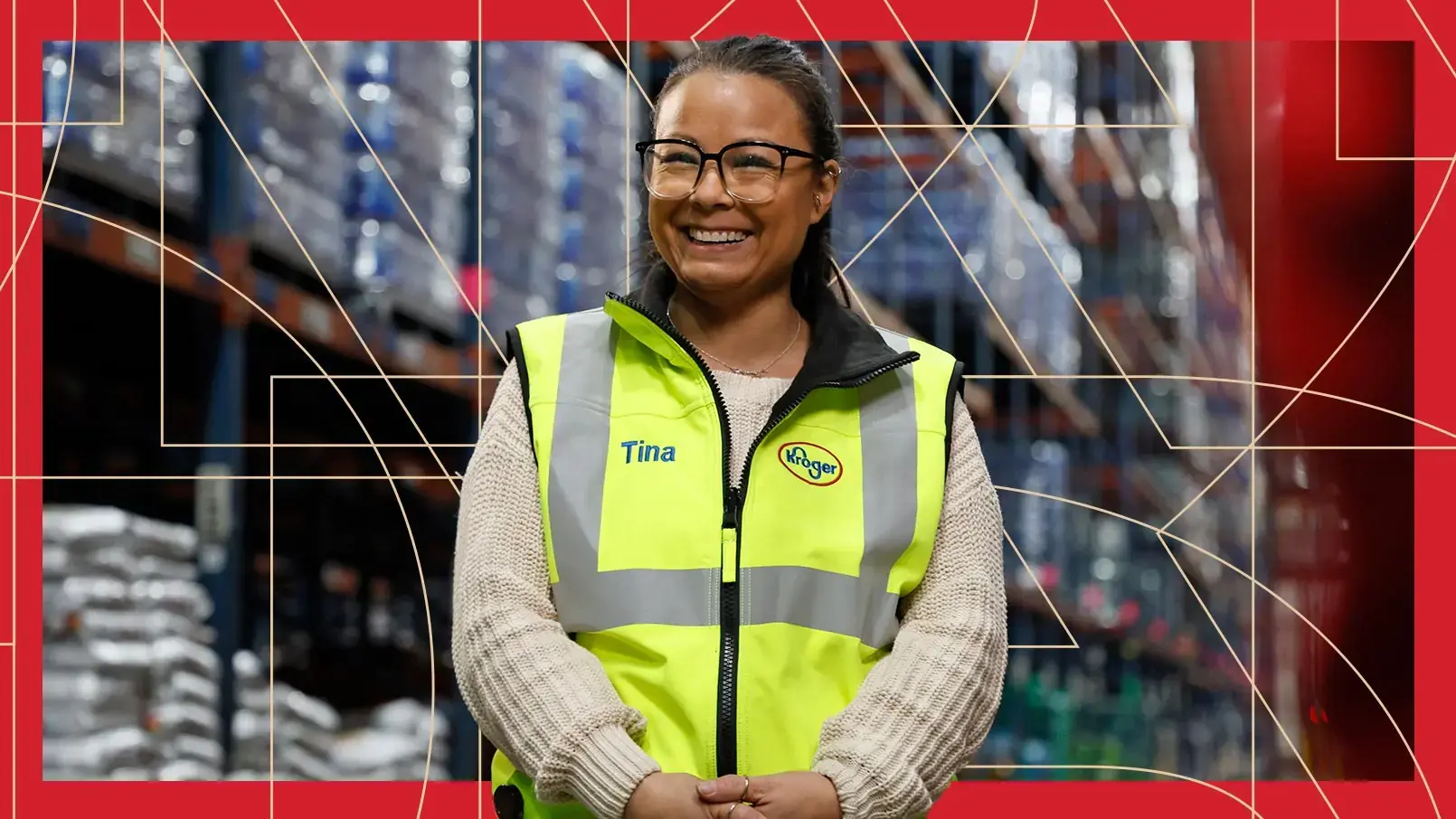 Inventory Control Supervisor Tina Meyers smiles while in her distribution center. The photo has a red border and thin, gold, and geometric lines running through the background.